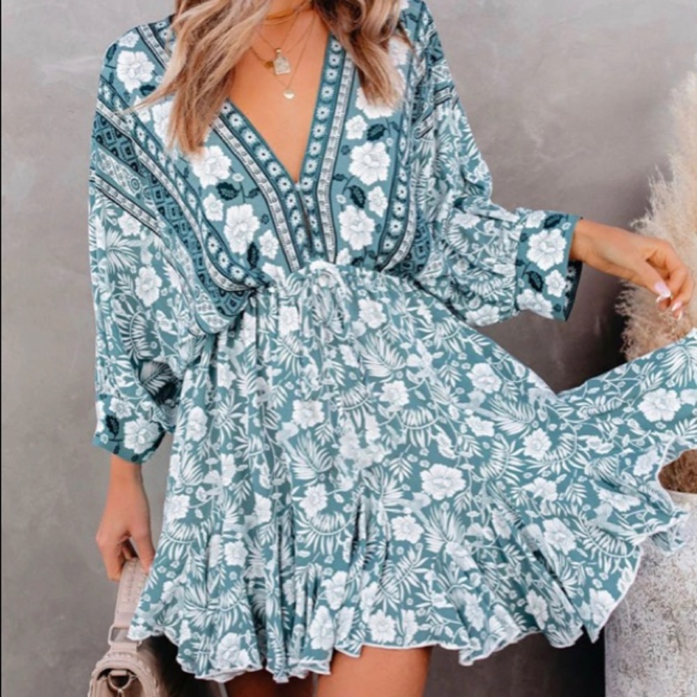 Blue Floral Print V Neck Cut-Out Ruffle Boho Dress